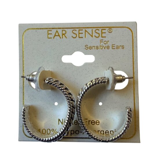 Y2K Silver Tone Textured Rope Edge Hoop Earring 1" Nickel Free Hypoallergenic - Picture 9 of 9